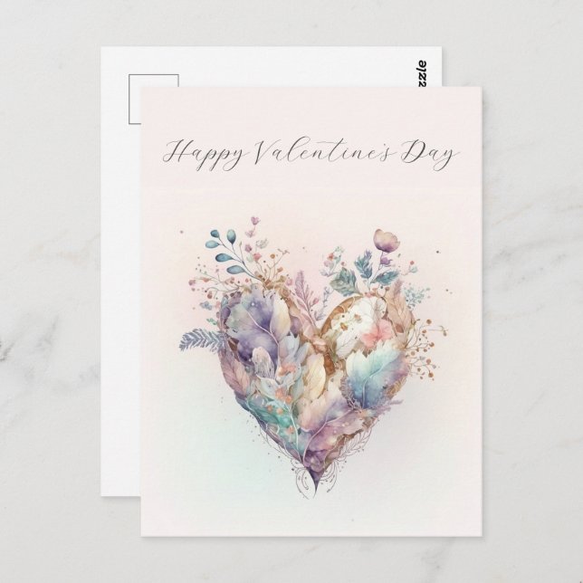 Elegant Watercolor Heart Valentines Day Postcard  (Front/Back)