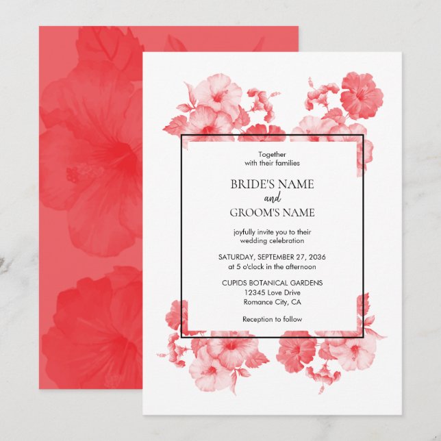 Elegant Watercolor Hibiscus Wedding Invitations (Front/Back)