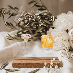 Elegant Watercolor His Her Signature Drink Wedding Acrylic Sign