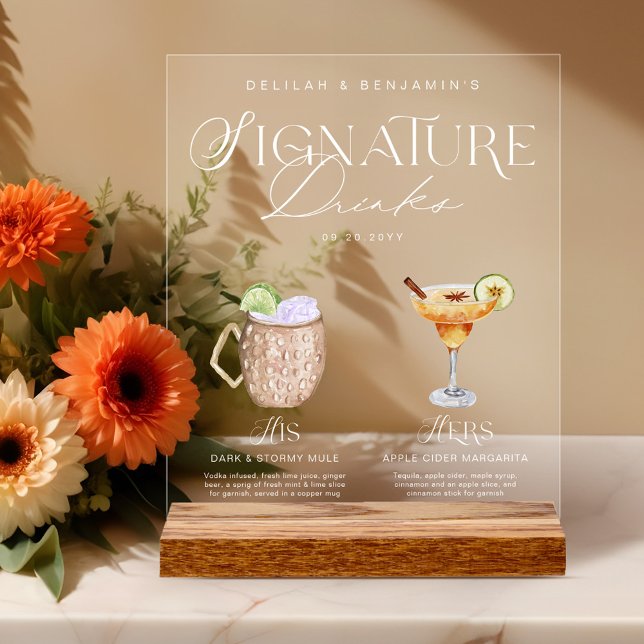 Elegant Watercolor His Her Signature Drink Wedding Acrylic Sign (Elegant Watercolor His Her Signature Drink Wedding Acrylic Sign
)