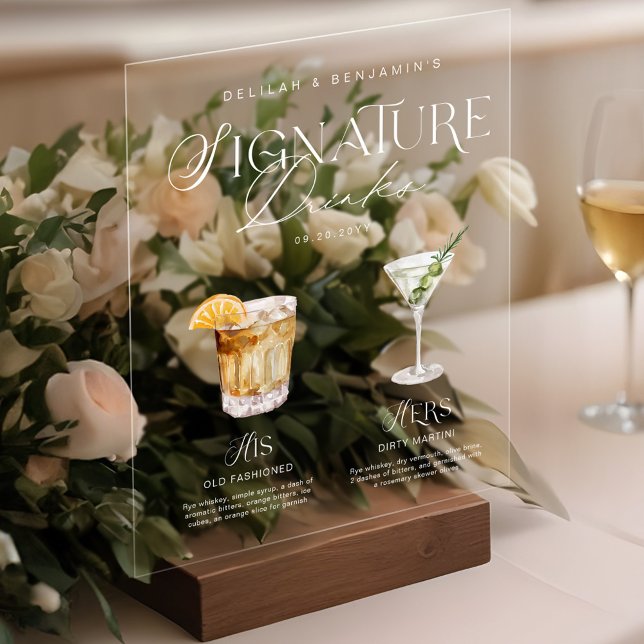 Elegant Watercolor His Her Signature Drink Wedding Acrylic Sign (Elegant Watercolor His Her Signature Drink Wedding Acrylic Sign)