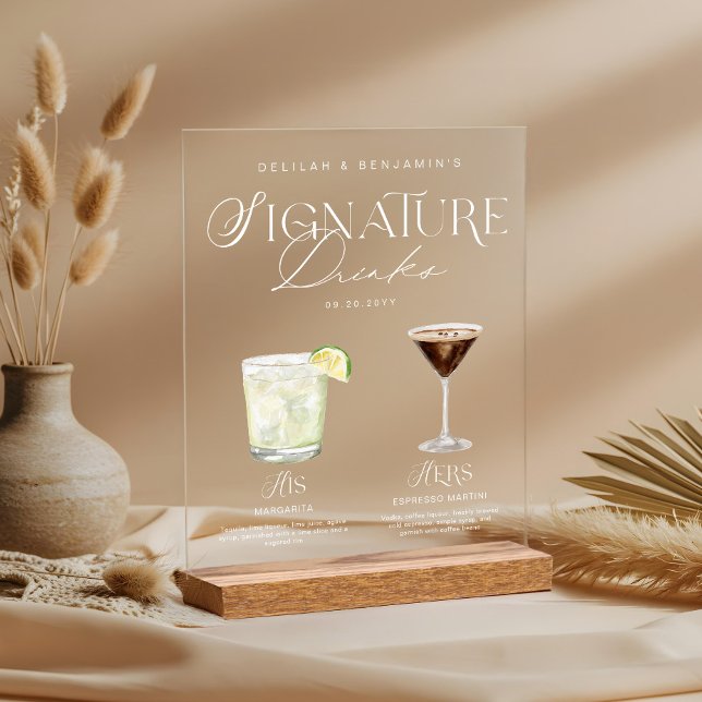 Elegant Watercolor His Her Signature Drink Wedding Acrylic Sign (Elegant Watercolor His Her Signature Drink Wedding Acrylic Sign)