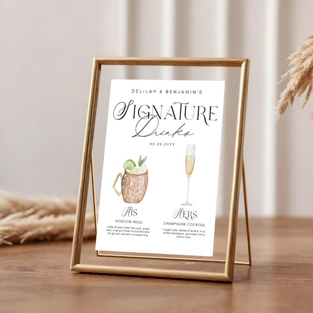 Elegant Watercolor His Her Signature Drink Wedding Poster (Elegant Watercolor His Her Signature Drink Wedding Poster)
