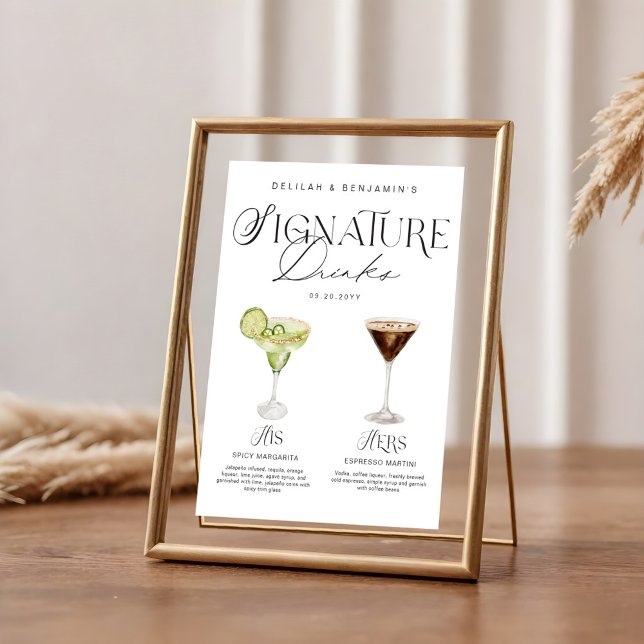 Elegant Watercolor His Her Signature Drink Wedding Poster (Elegant Watercolor His Her Signature Drink Wedding Poster)