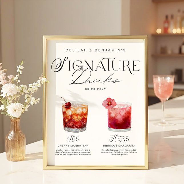 Elegant Watercolor His Her Signature Drink Wedding Poster (Elegant Watercolor His Her Signature Drink Wedding Poster)
