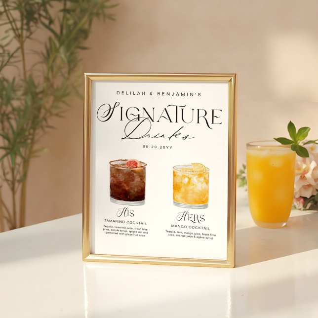Elegant Watercolor His Her Signature Drink Wedding Poster (Elegant Watercolor His Her Signature Drink Wedding Poster)