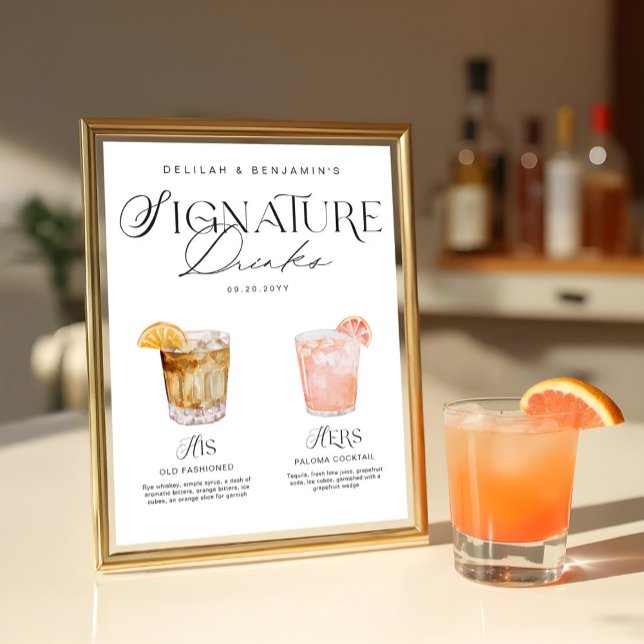 Elegant Watercolor His Her Signature Drink Wedding Poster (Elegant Watercolor His Her Signature Drink Wedding Poster)