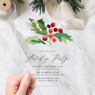Elegant Watercolor Holly Berries Holiday Party Acrylic Invitations