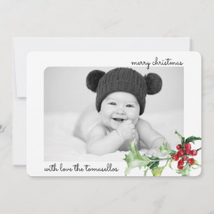 Elegant Watercolor Holly Berries Script Photo Holiday Card