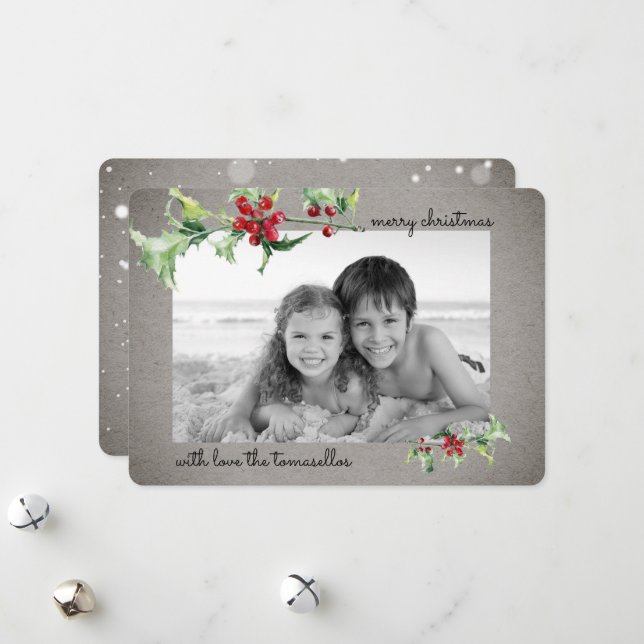 Elegant Watercolor Holly Berries Script Photo Holiday Card (Front/Back In Situ)