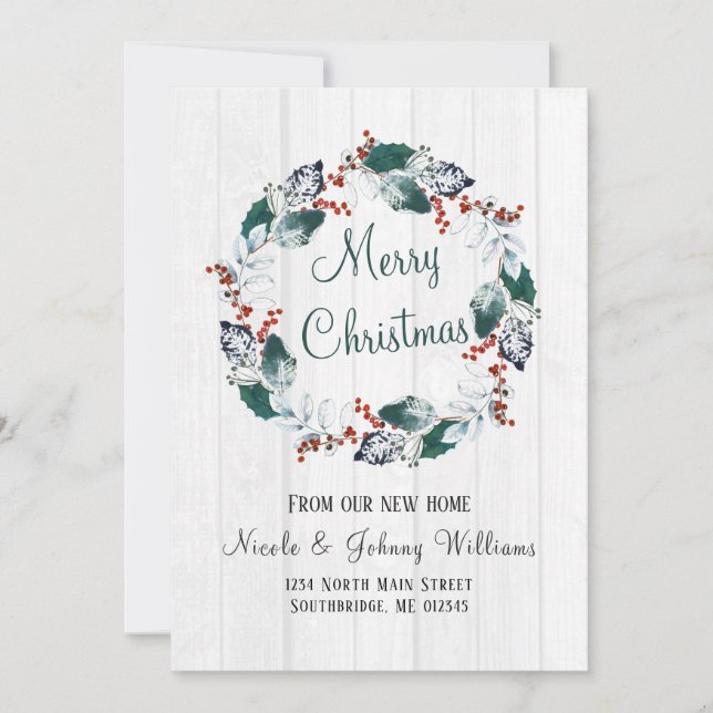 Elegant Watercolor Holly Wreath Christmas Moving Announcement (Front)