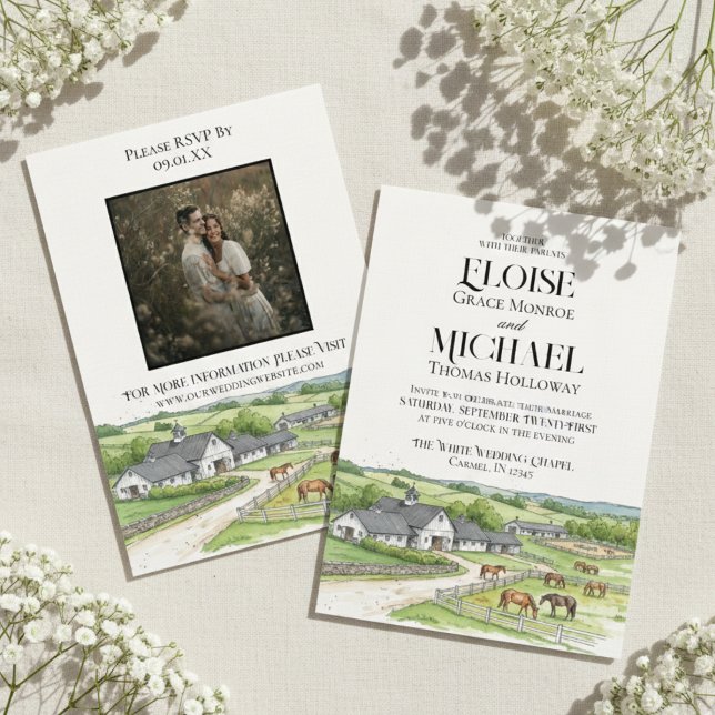 Elegant Watercolor Horse Stable Barn Wedding Invitation (Invite guest to your scenic wedding day with this Elegant Watercolor Horse Stable Barn Invite!)