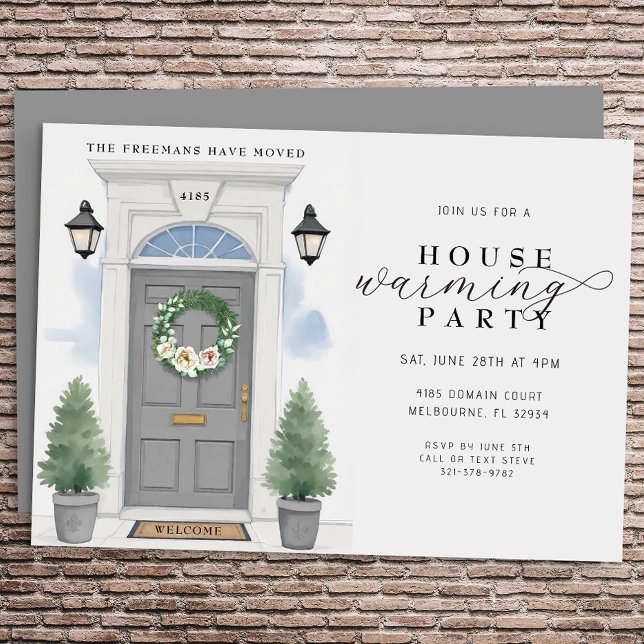 Elegant Watercolor Housewarming Party Invitation (Grey Door Housewarming Party Invite)