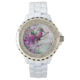 Elegant Watercolor Hummingbirds with Pink Flowers Watch