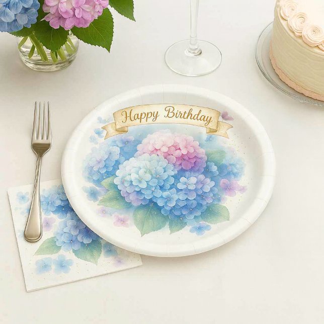 Elegant Watercolor Hydrangea Floral Birthday Party Paper Plate (elegant blue hydrangea Happy Birthday paper plate )