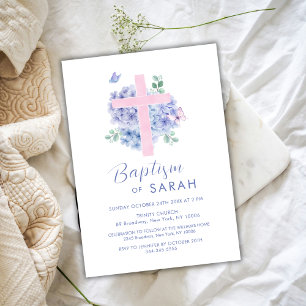 Elegant Watercolor Hydrangea Flower Cross Baptism Invitation