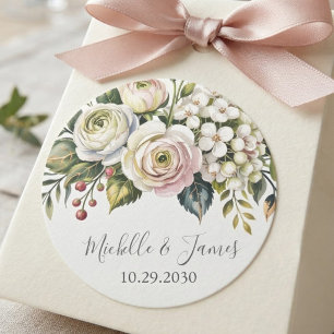 Elegant watercolor Hydrangea Rose Floral Wedding Classic Round Sticker