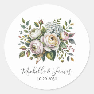 Elegant watercolor Hydrangea Rose Floral Wedding Classic Round Sticker