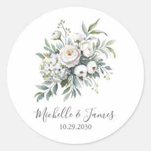 Elegant watercolor Hydrangea Rose Floral Wedding Classic Round Sticker