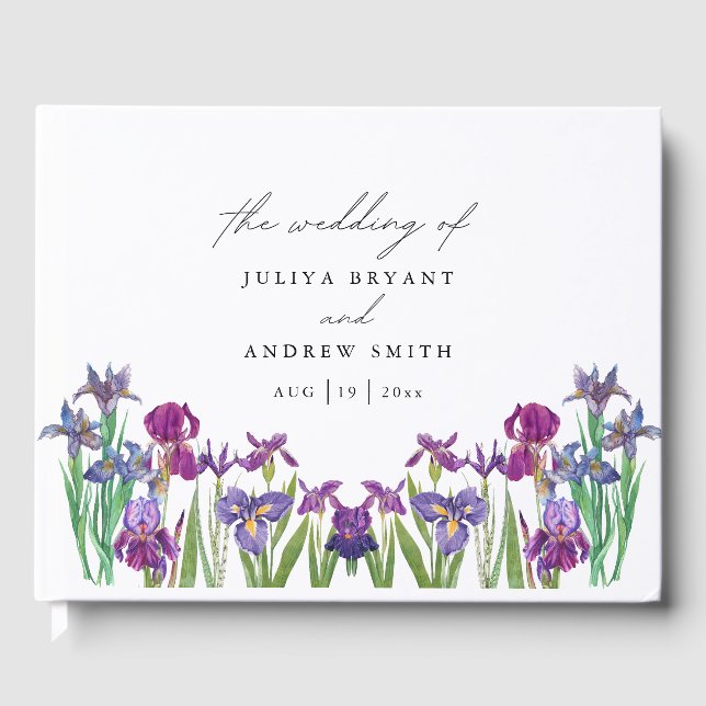Elegant watercolor Iris flower  script wedding Guest Book (Front)