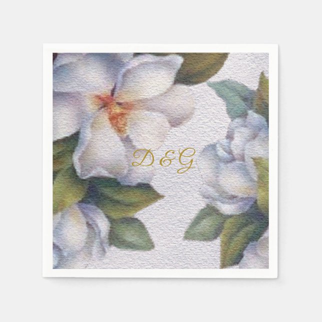 Elegant Watercolor Ivory Magnolia Gold Monogram Napkin (Front)