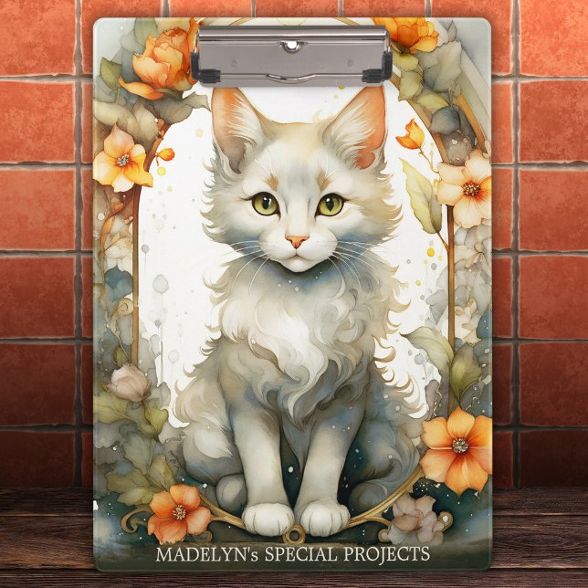 Elegant Watercolor Kitty Artistic Floral Clipboard (Clipboard featuring an adorable watercolor illustration of a kitty with a floral arch.)