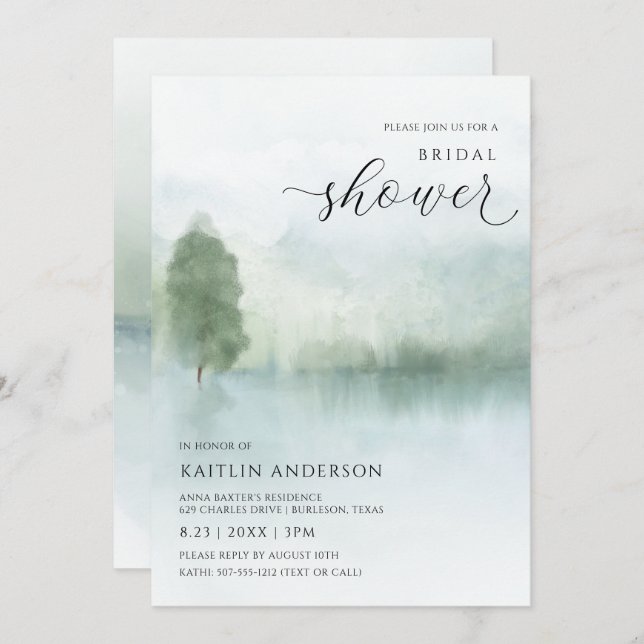 Elegant Watercolor Lake and Trees Bridal Shower Invitation (Front/Back)