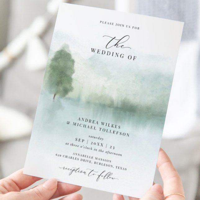 Elegant Watercolor Lake and Trees Wedding Invitation (Creator Uploaded)