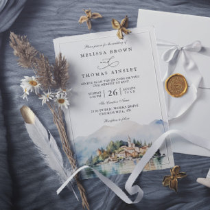 Elegant Watercolor Lake Como Italy QR Code Wedding Invitation