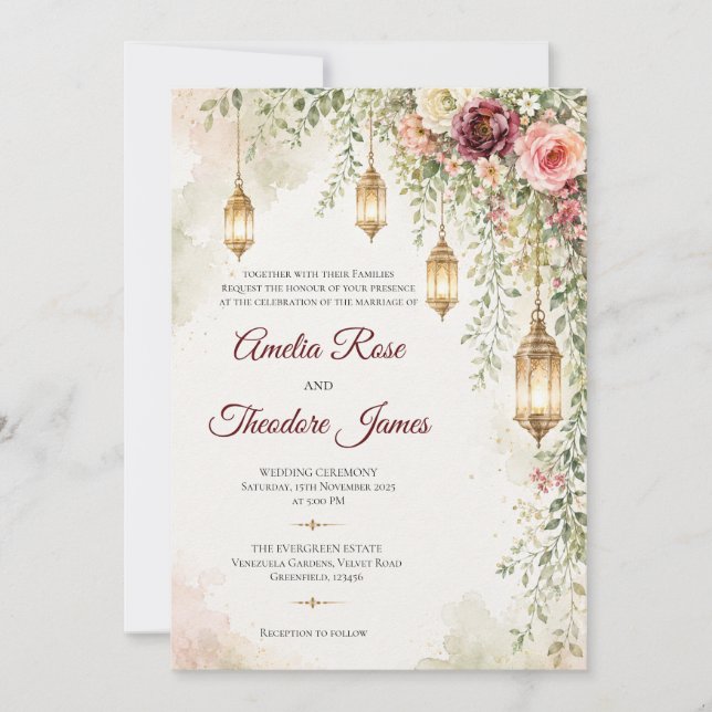 Elegant Watercolor Lantern Wedding Invitation (Front)