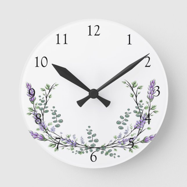 Elegant watercolor Lavender and Eucalyptus Round Clock (Front)