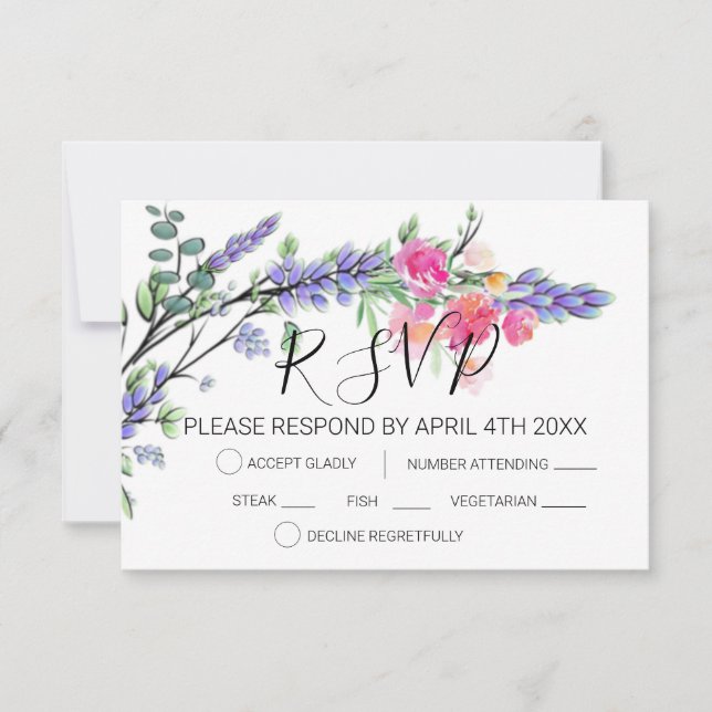 Elegant watercolor lavender eucalyptus pink roses  RSVP card (Front)