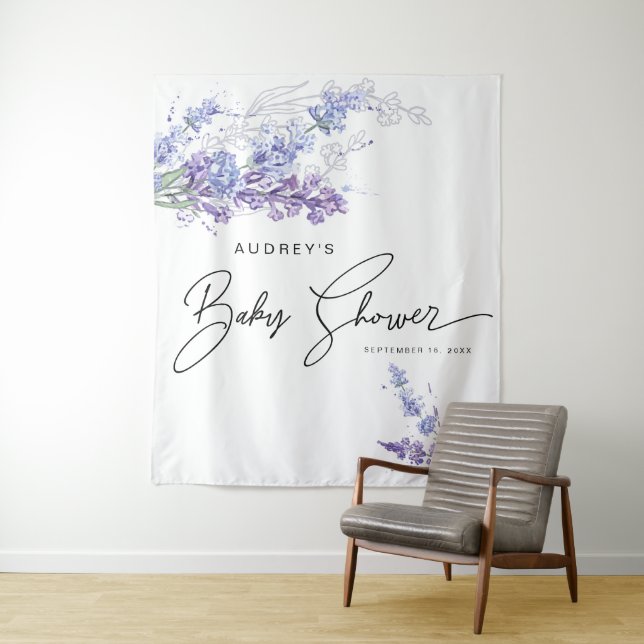 Elegant Watercolor Lavender Floral Baby Shower Tapestry (In Situ)