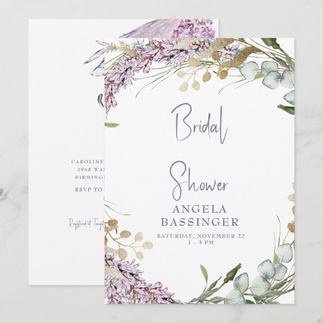 Elegant Watercolor Lavender Floral Bridal Shower Invitation (Front/Back)