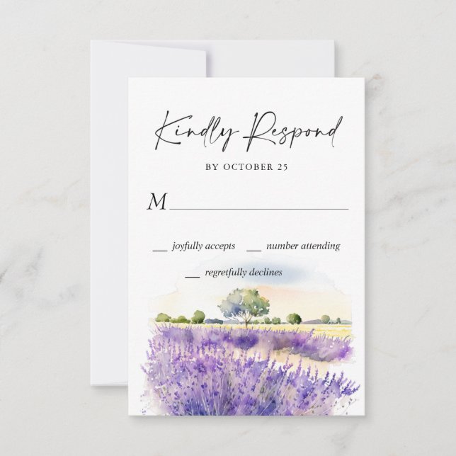 Elegant Watercolor Lavender Flowers Field Wedding RSVP Card (Front)