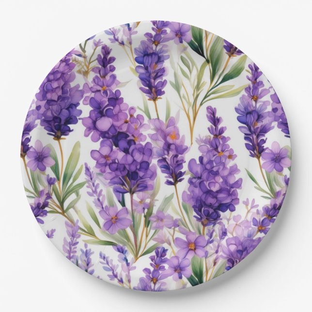 Elegant Watercolor Lavender Flowers Paper Plate (Front)
