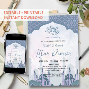 Elegant Watercolor Lavender Mosque Iftar Dinner Invitation