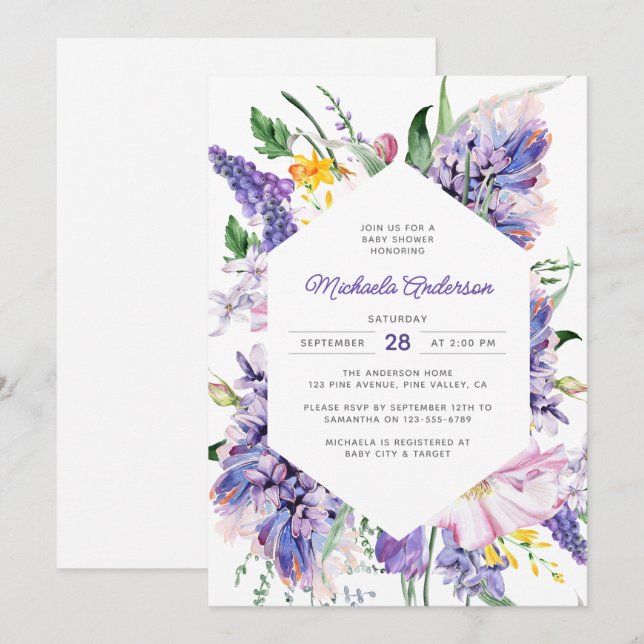 Elegant Watercolor Lavender Purple Baby Shower Invitation (Front/Back)
