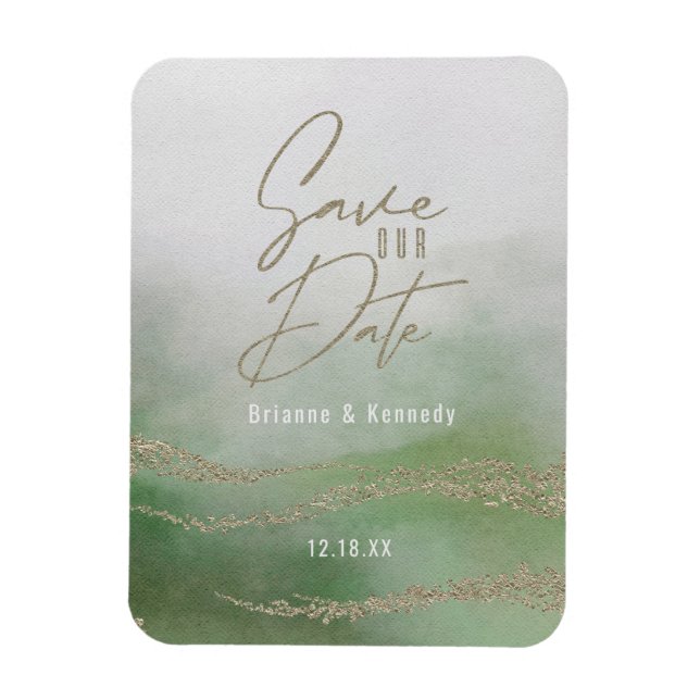 Elegant Watercolor Leaf Green & Gold Save the Date Magnet (Vertical)