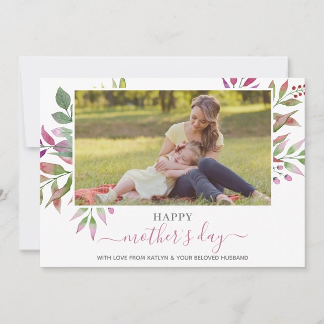 Elegant Watercolor Leaf Mother's Day Photo Holiday Card (Front)