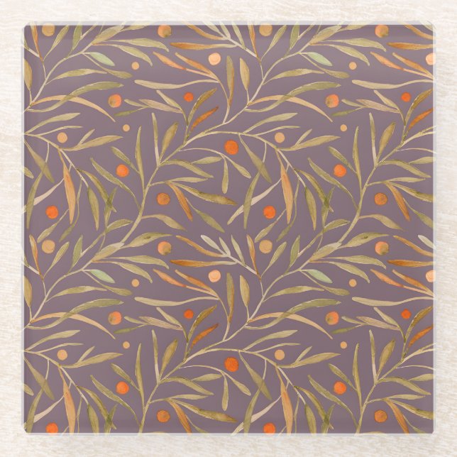 Elegant Watercolor Leaf Pattern  Purple Background Glass Coaster (Front)