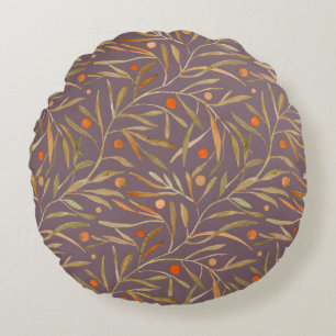Elegant Watercolor Leaf Pattern Purple Background Round Cushion