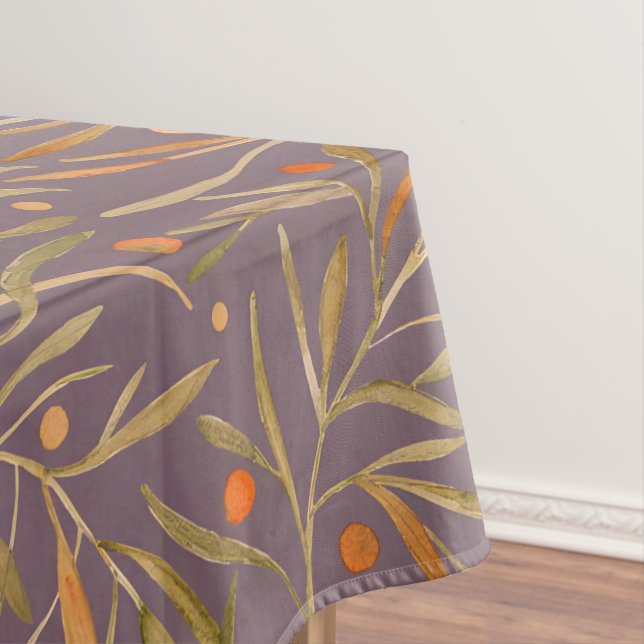 Elegant Watercolor Leaf Pattern  Purple Background Tablecloth (In Situ)