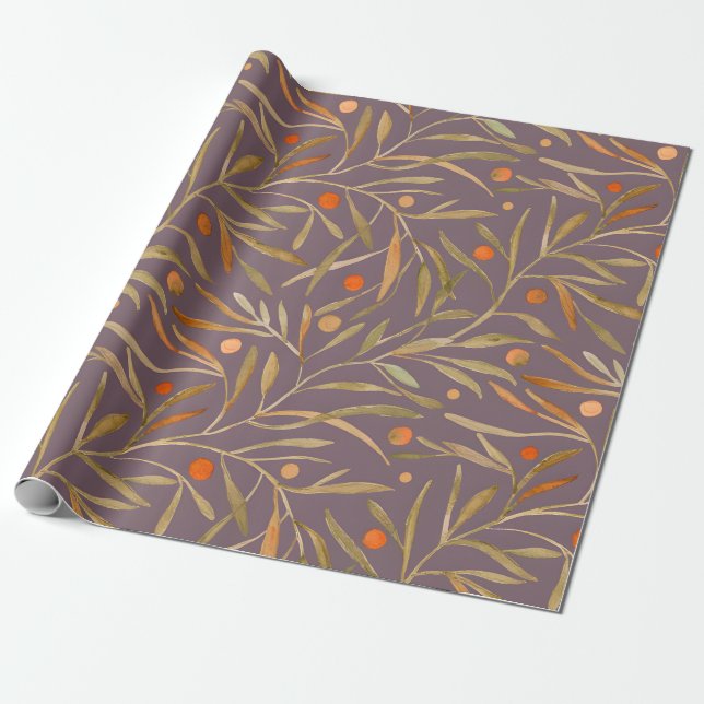Elegant Watercolor Leaf Pattern  Purple Background Wrapping Paper (Unrolled)