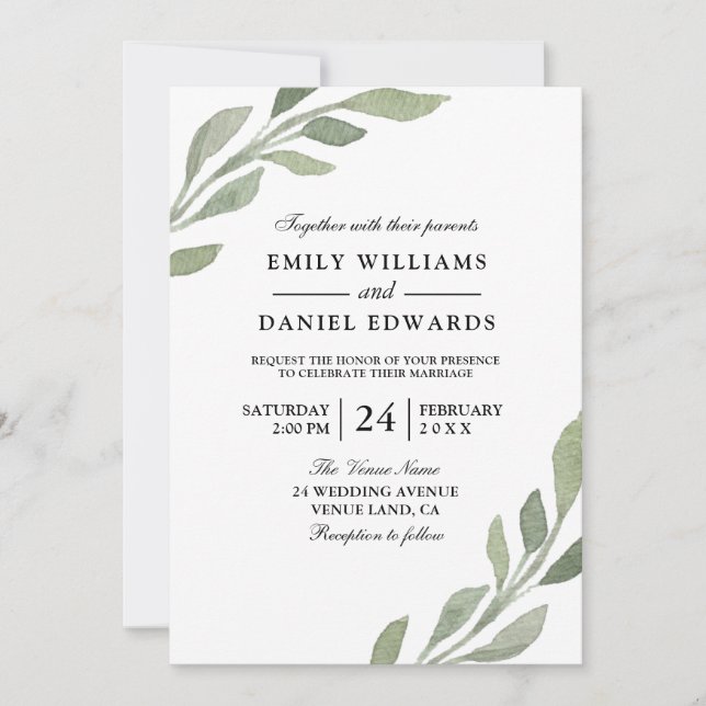 Elegant Watercolor Leaf Spring Fall Wedding Invite (Front)