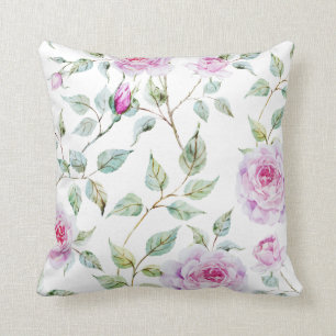 Elegant Watercolor Leaves and Roses   Throw Pillow