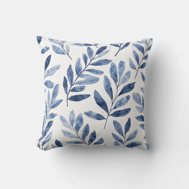 Elegant Watercolor Leaves Pattern Indigo Blue Cushion (Front)