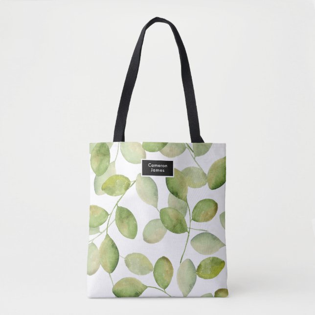 Elegant watercolor leaves pattern personalised tote bag (Front)