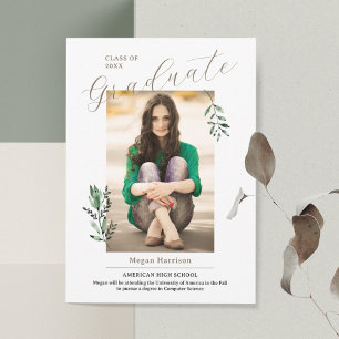 Elegant Watercolor Leaves Photo Graduation Invitation