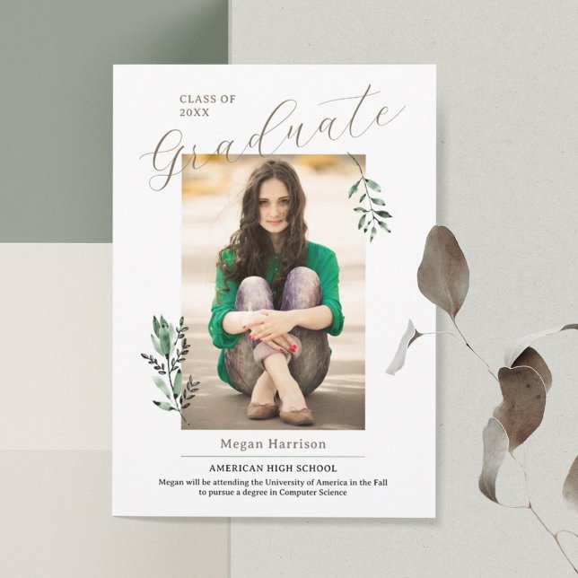 Elegant Watercolor Leaves Photo Graduation Invitation (Creator Uploaded)